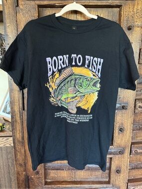 Gildan Black T-Shirt with Yellow & Green Fish Graphic